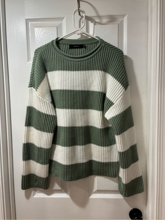 Zesica Sweaters - Zesica Olive Green and White Striped Ribbed Crewneck Sweater